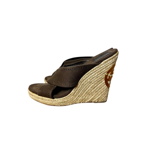Tory Burch Kristen Brown Canvas Espadrille Wedge Sandals | Gold Logo Heel | 8.5 - Picture 6 of 10